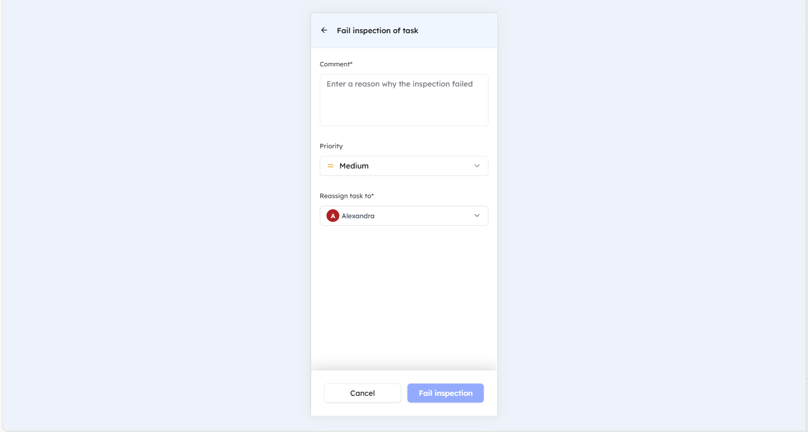 Fail Inspection Page