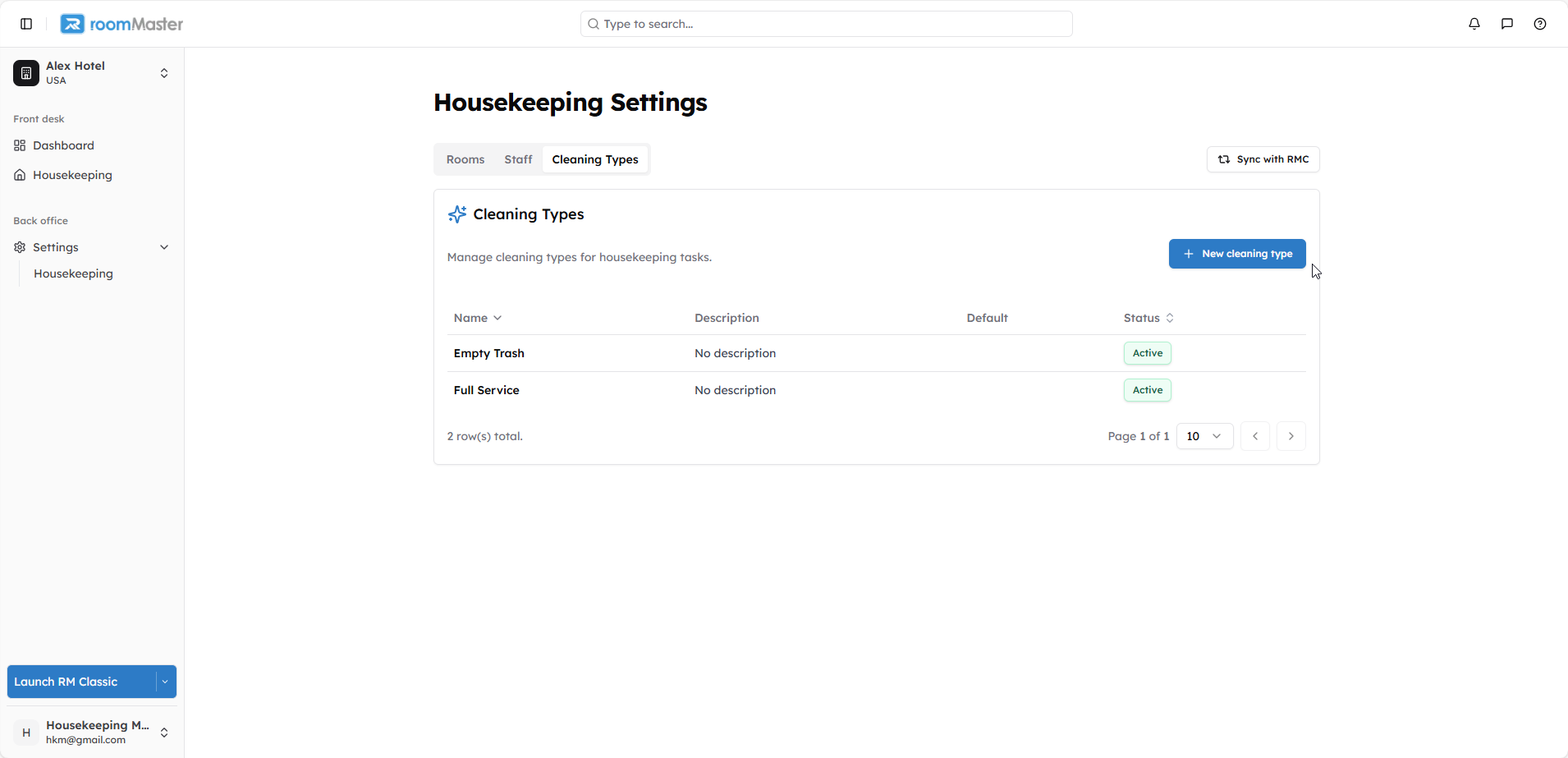 Cleaning Types Settings